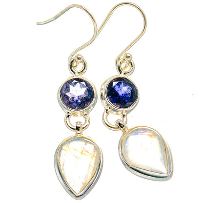 925 sterling silver drop earrings: round blue stones with teardrop opalescent moonstones