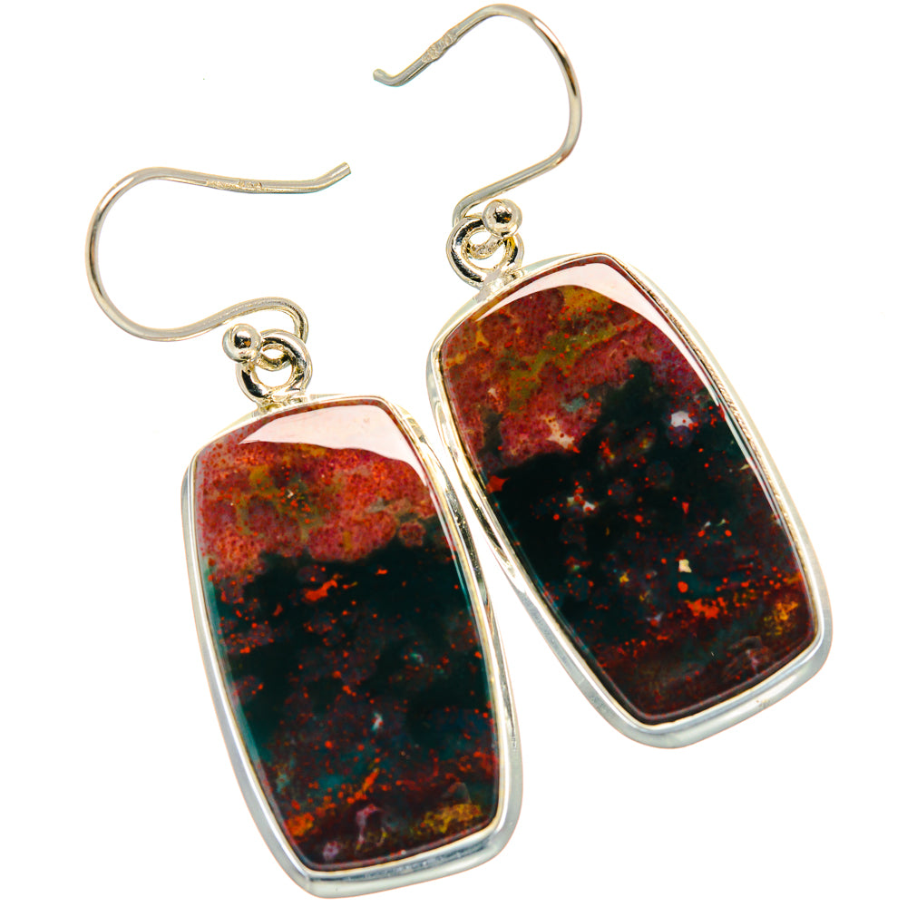 Sterling silver drop earrings with dark red and black speckled bloodstone cabochons