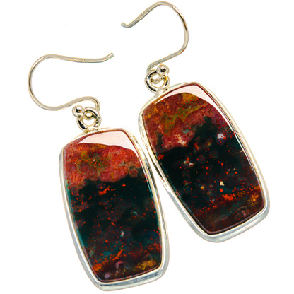 Sterling silver drop earrings with dark red and black speckled bloodstone cabochons