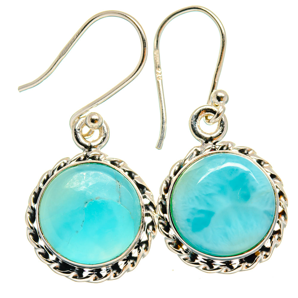 Larimar earrings in oval turquoise stone with ornate silver bezel and scalloped frame, hooks