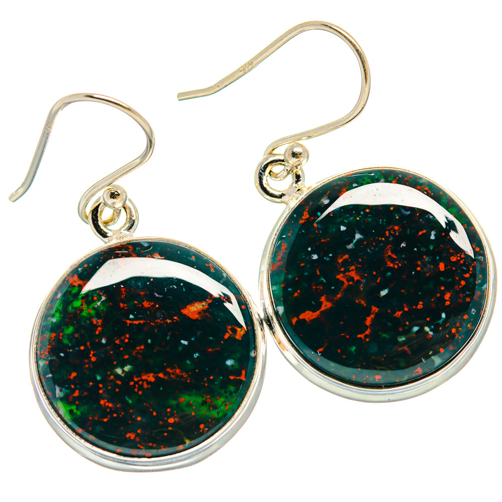 Sterling silver drop earrings with large round cabochons, dark green red-speckled stones