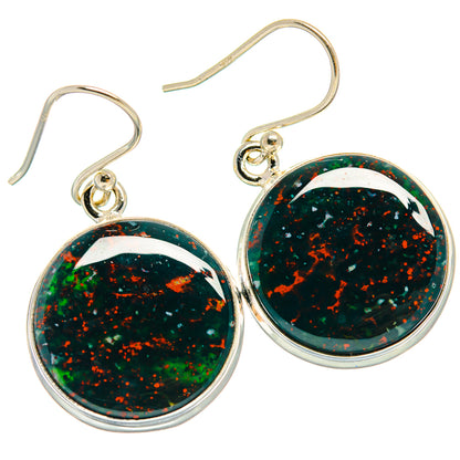 Sterling silver drop earrings with large round cabochons, dark green red-speckled stones