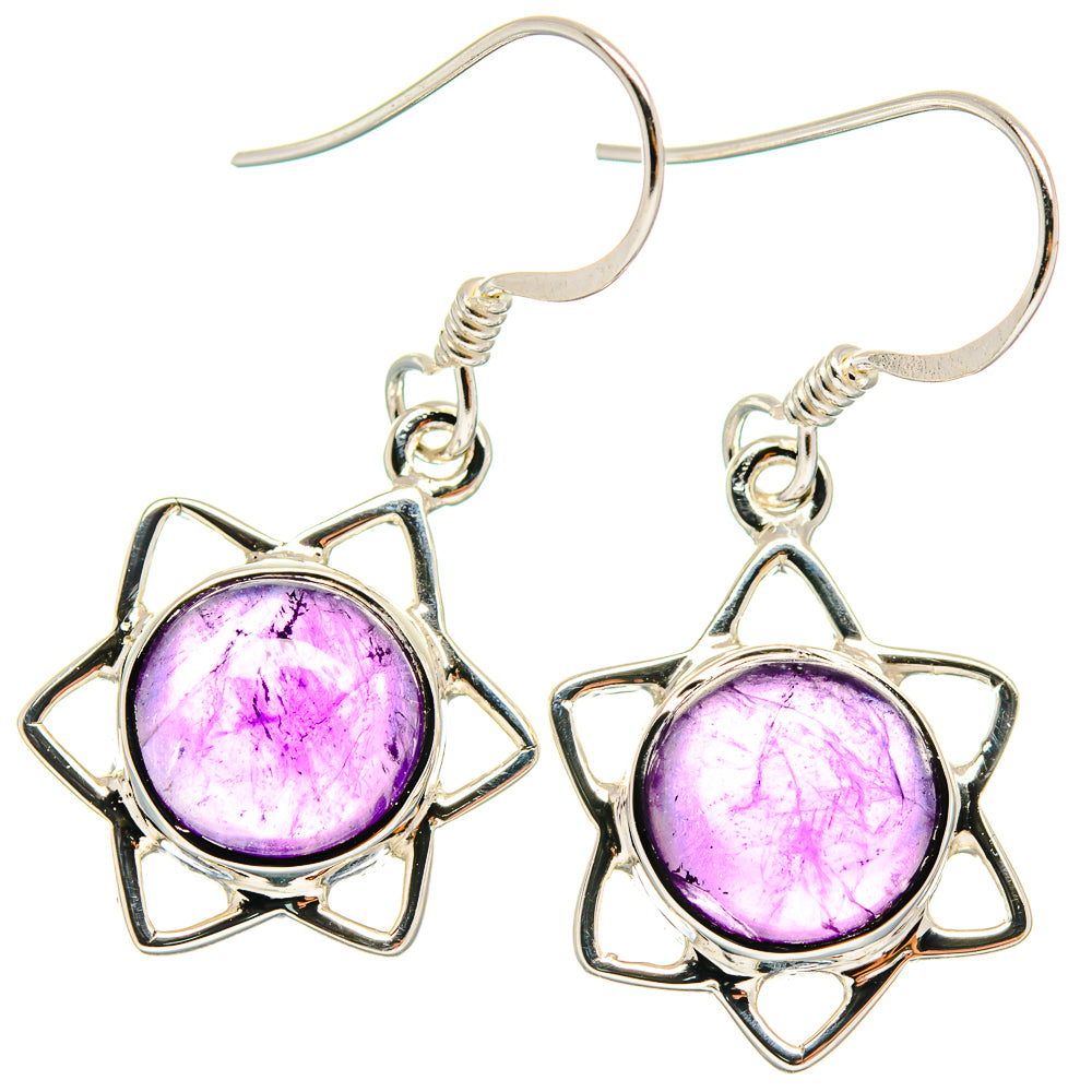 925 sterling silver amethyst drop earrings with star frames and round purple gemstones.