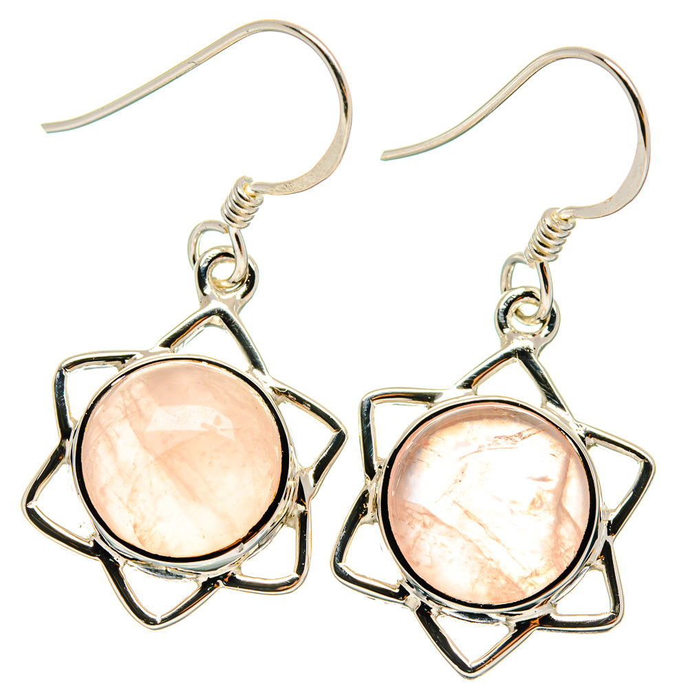 Rose quartz drop earrings, 925 silver hooks with round pink stone in star frame