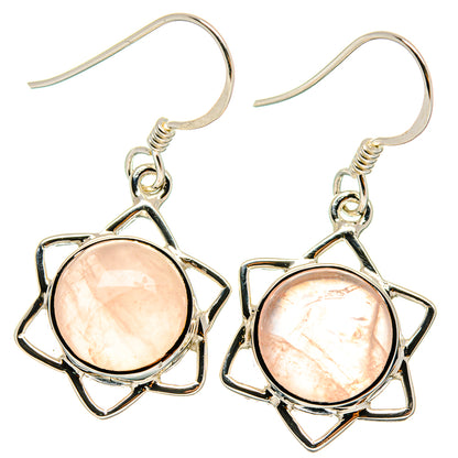 Rose quartz drop earrings, 925 silver hooks with round pink stone in star frame