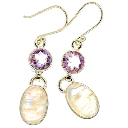 Amethyst and rainbow moonstone drop earrings in 925 sterling silver, round and oval stones