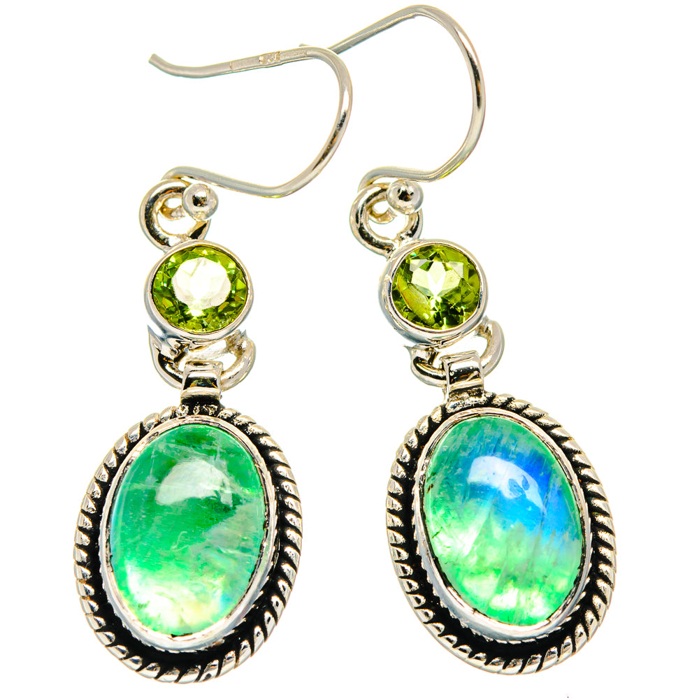 925 sterling silver dangle earrings with round peridot-green stones and oval green moonstone drops