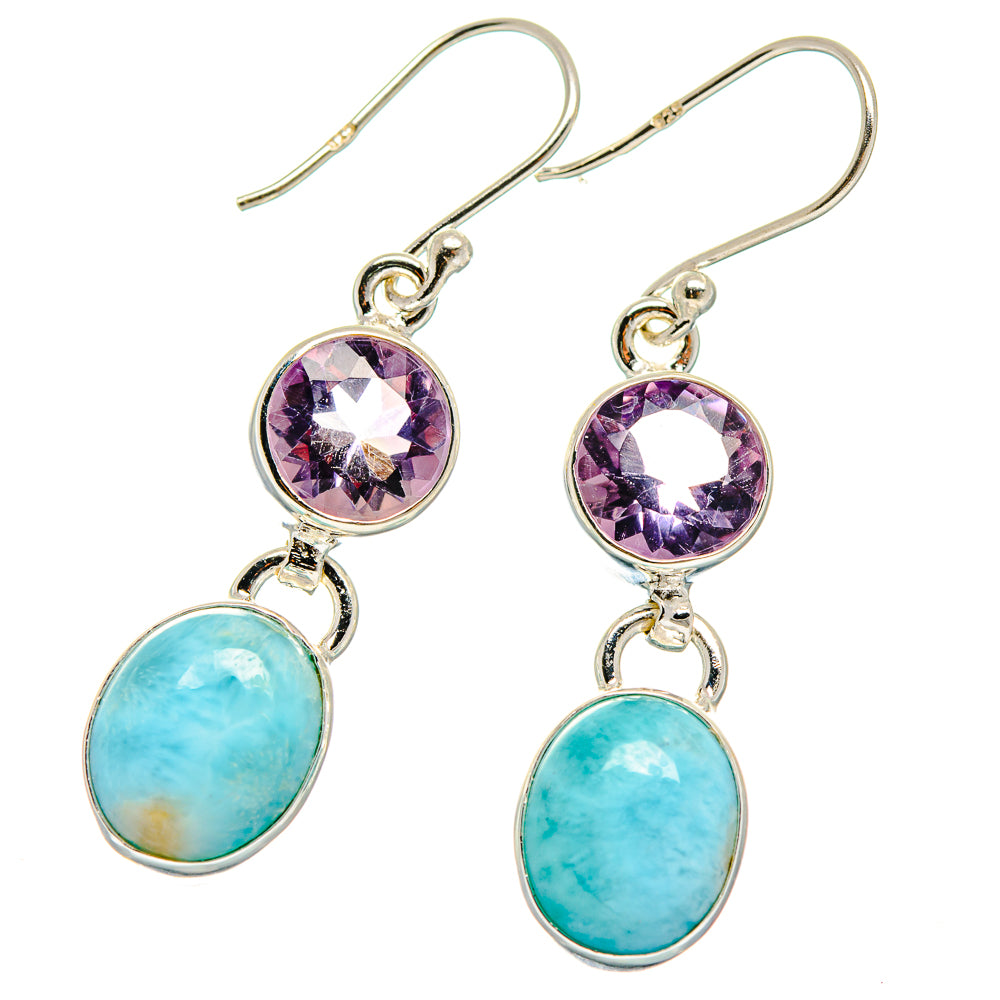 Sterling silver larimar and amethyst drop earrings with purple round and blue oval stones