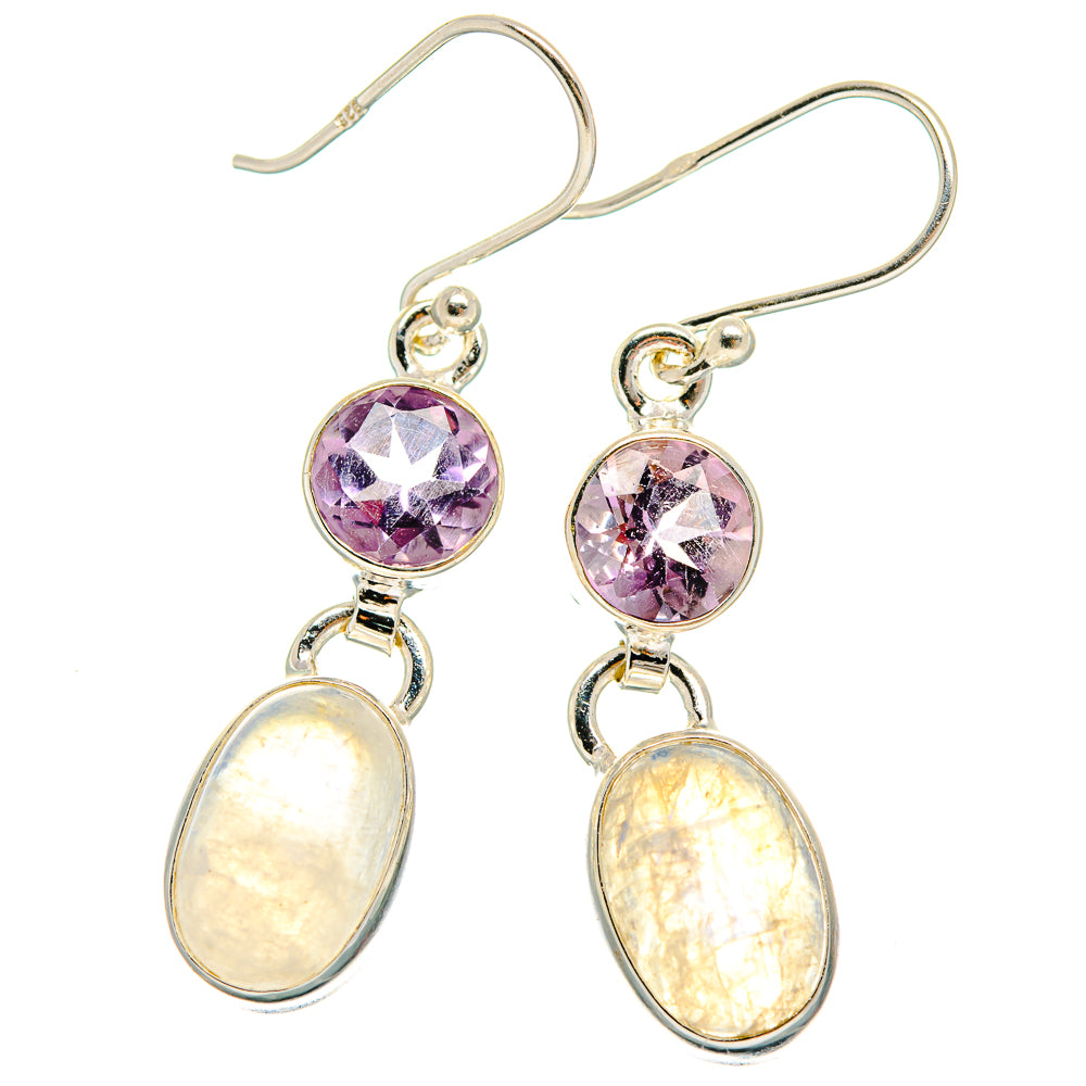 925 sterling silver amethyst and rainbow moonstone drop earrings with oval moonstone dangles