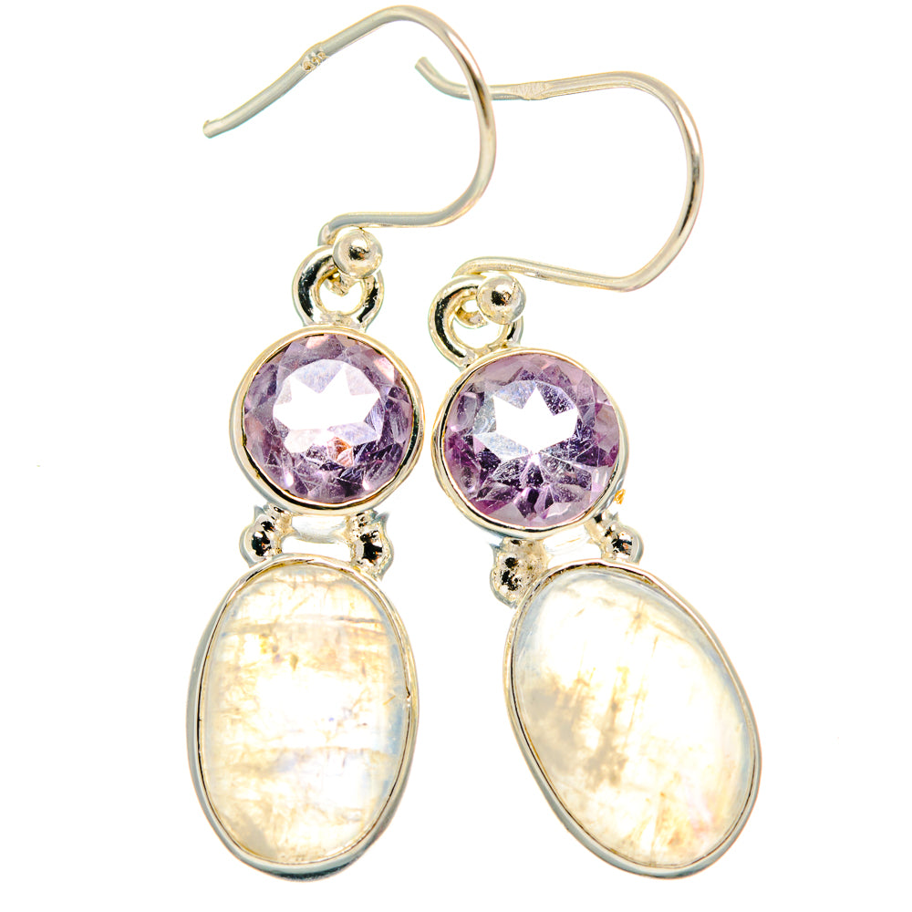 925 sterling silver earrings with round amethyst and oval rainbow moonstone drops