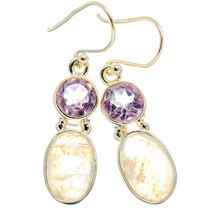 925 sterling silver earrings with round amethyst and oval rainbow moonstone drops