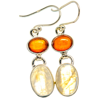 925 sterling silver drop earrings with orange carnelian and white opal moonstone oval drops