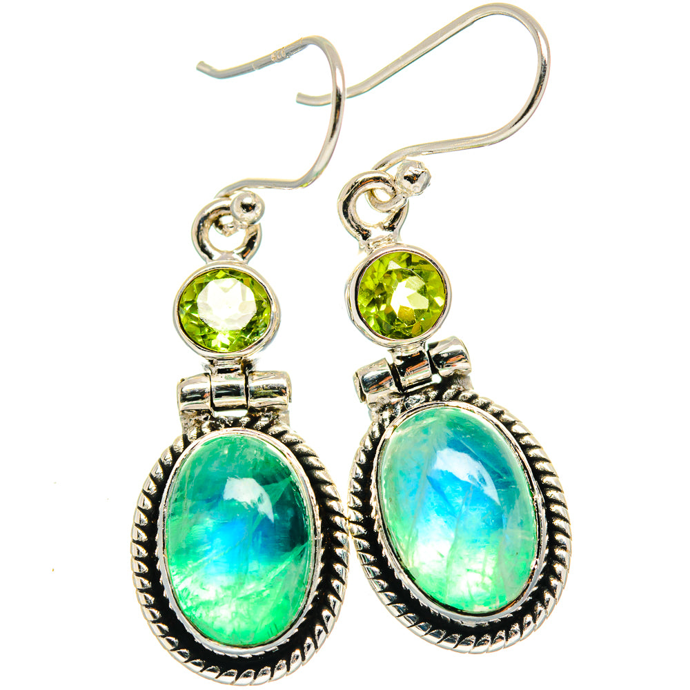 Green moonstone and peridot dangle earrings in 925 sterling silver, oval stones
