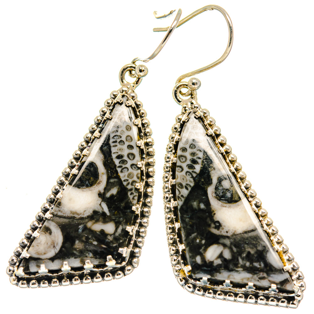 Triangular jasper drop earrings with black-and-white stone and ornate silver-tone frame