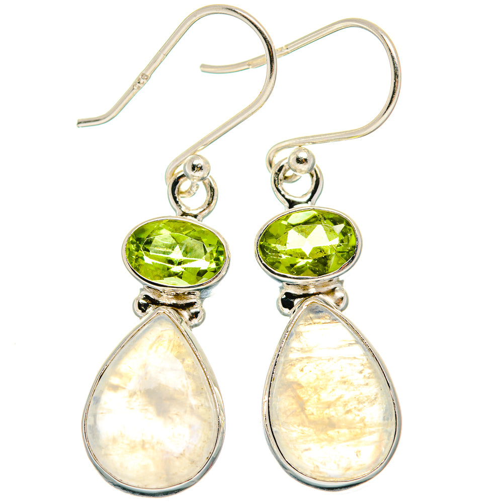 Sterling silver drop earrings with green peridot and white moonstone teardrops