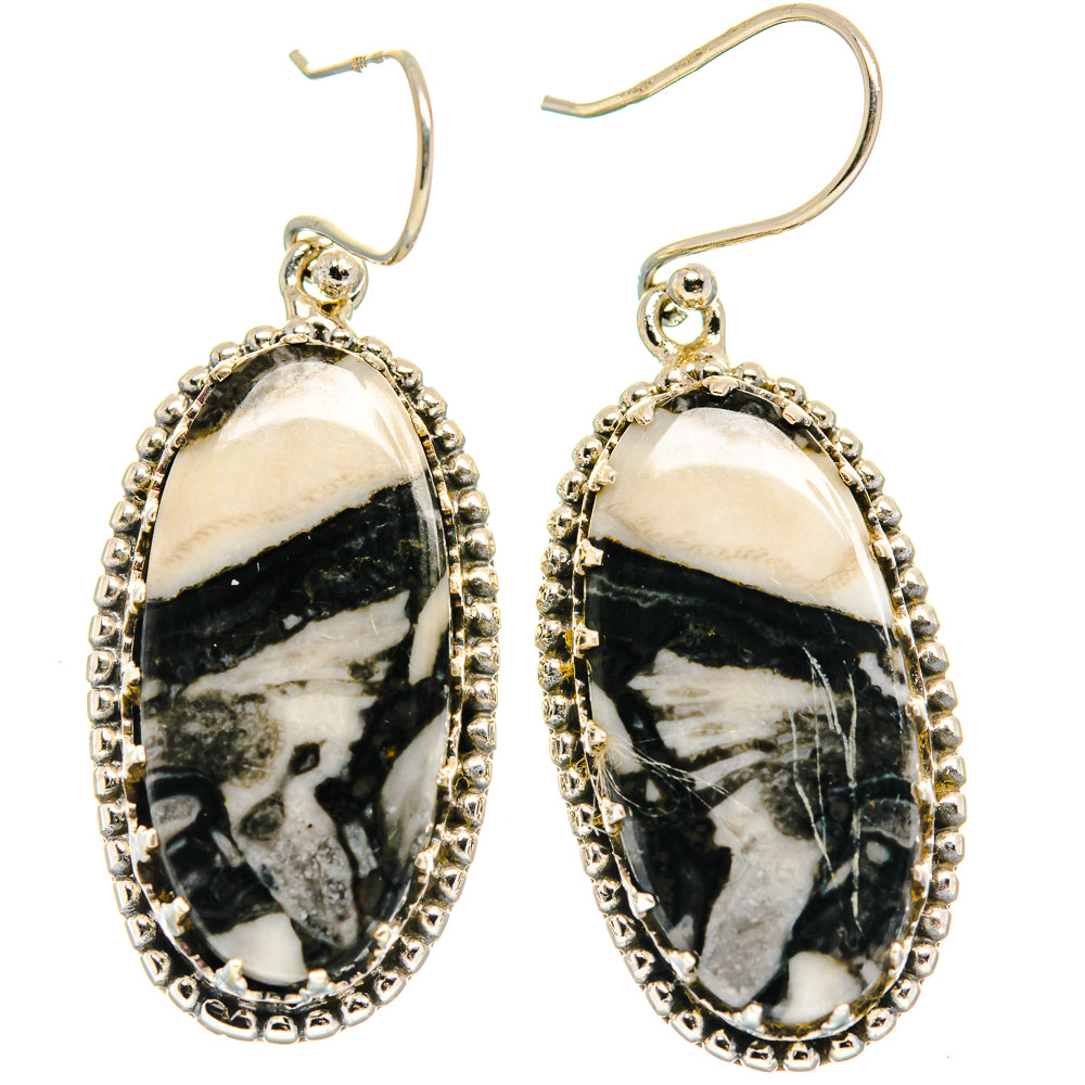 Oval pinolith jasper drop earrings in 925 sterling silver, beaded bezel, fishhook