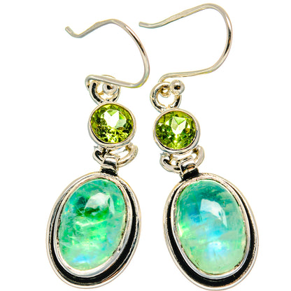Sterling silver leverback earrings with green oval moonstone drops and small peridot studs
