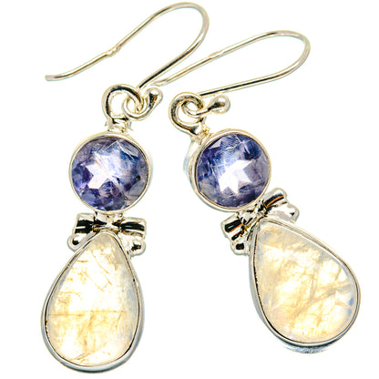 Sterling silver earrings with round blue gemstone and iridescent teardrop dangles