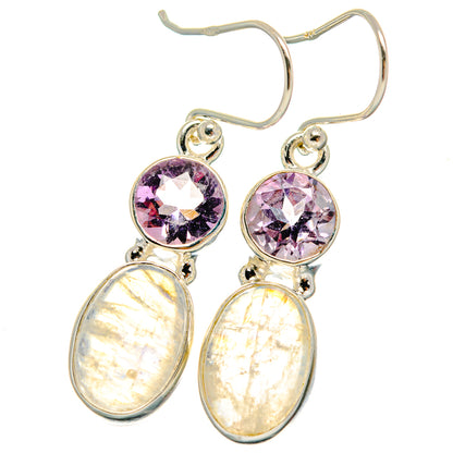 Amethyst and moonstone drop earrings in 925 sterling silver, purple round stones and iridescent drops
