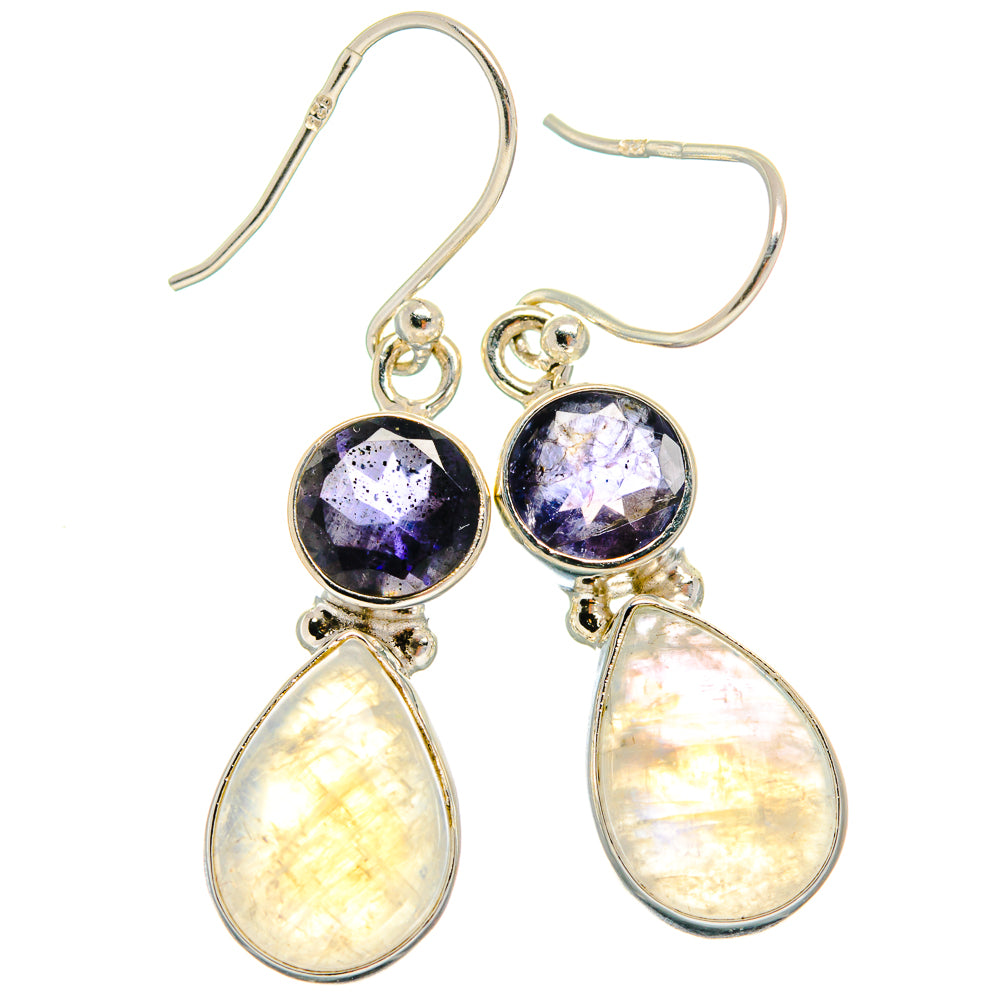 Sterling silver drop earrings with purple round stones and pear-shaped moonstone dangles