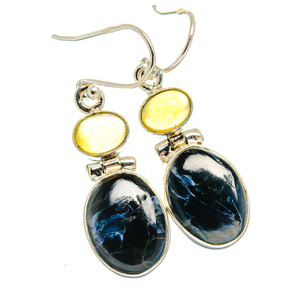 Sterling silver drop earrings with oval yellow opal and oval dark pietersite stones