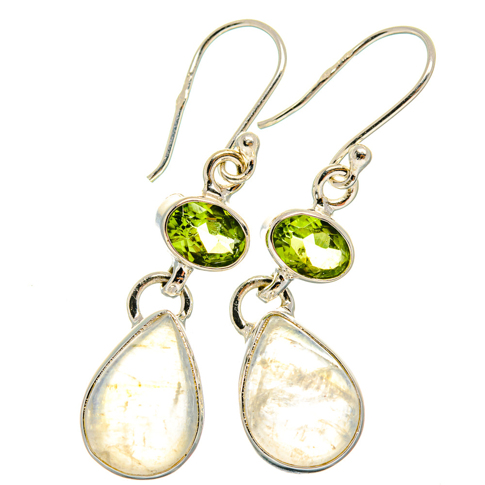 Sterling silver drop earrings with green peridot round stones and pear moonstone drops