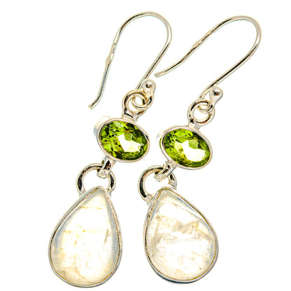 Sterling silver drop earrings with green peridot round stones and pear moonstone drops