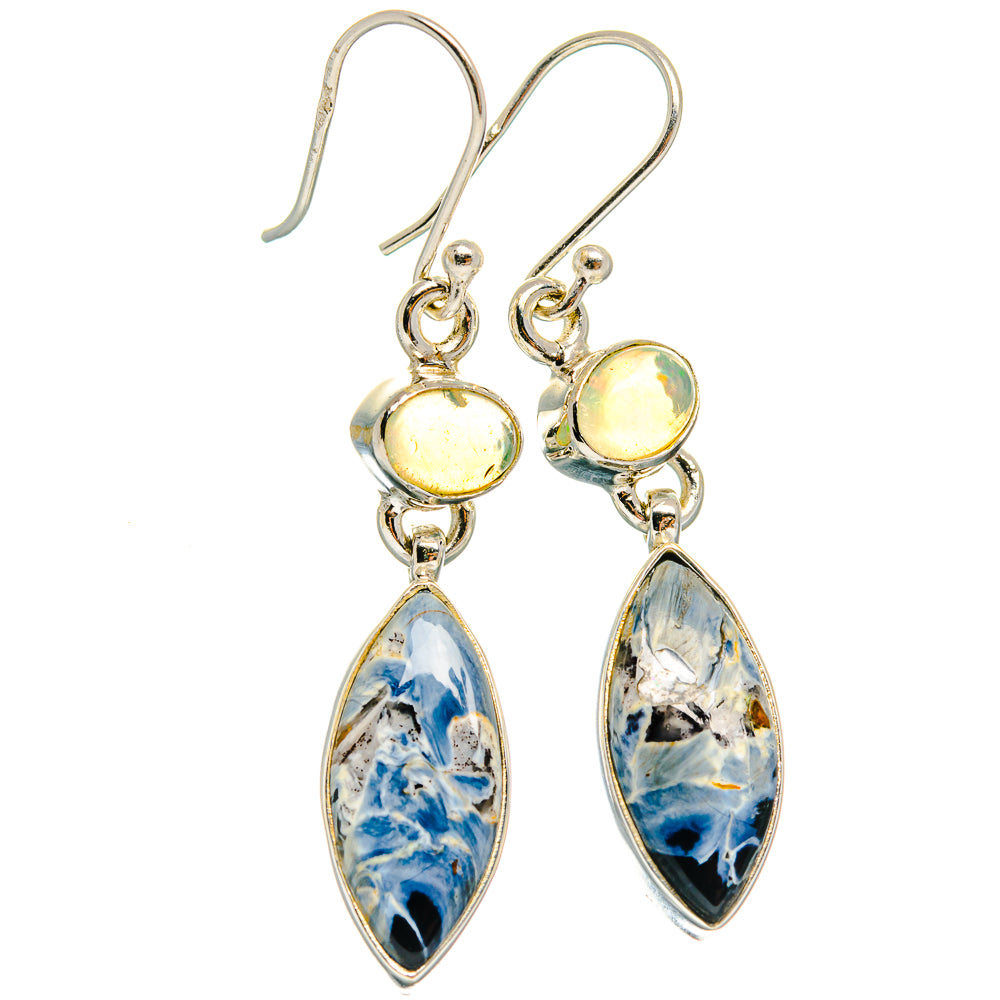 Sterling silver drop earrings: round opal and oval blue pietersite stones