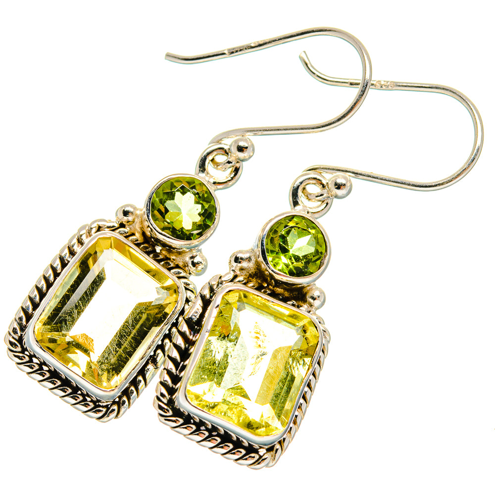 Sterling silver dangle earrings with round green peridot and faceted yellow citrine squares