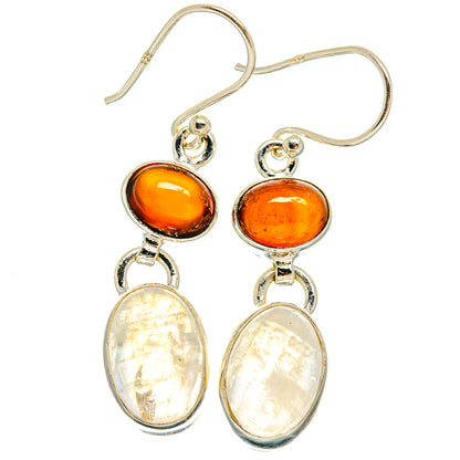 Sterling silver drop earrings with orange oval top and iridescent white oval bottom