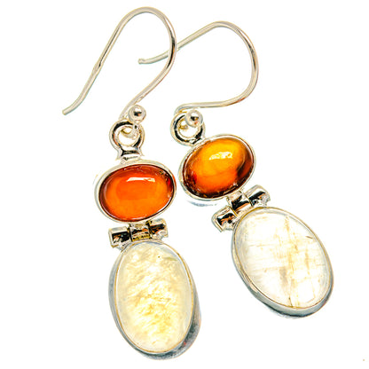 925 sterling silver dangle earrings with orange round stones and white teardrop moonstones