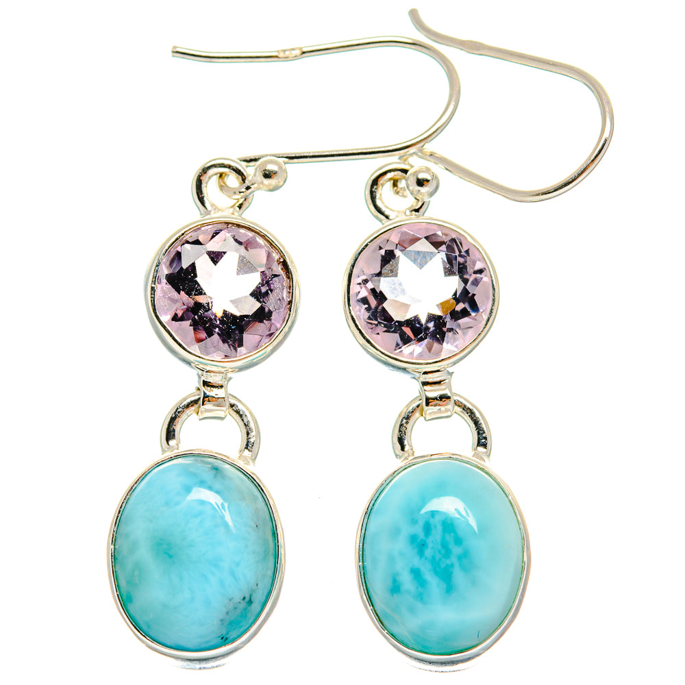 925 sterling silver earrings with round pink morganite and oval blue larimar dangles