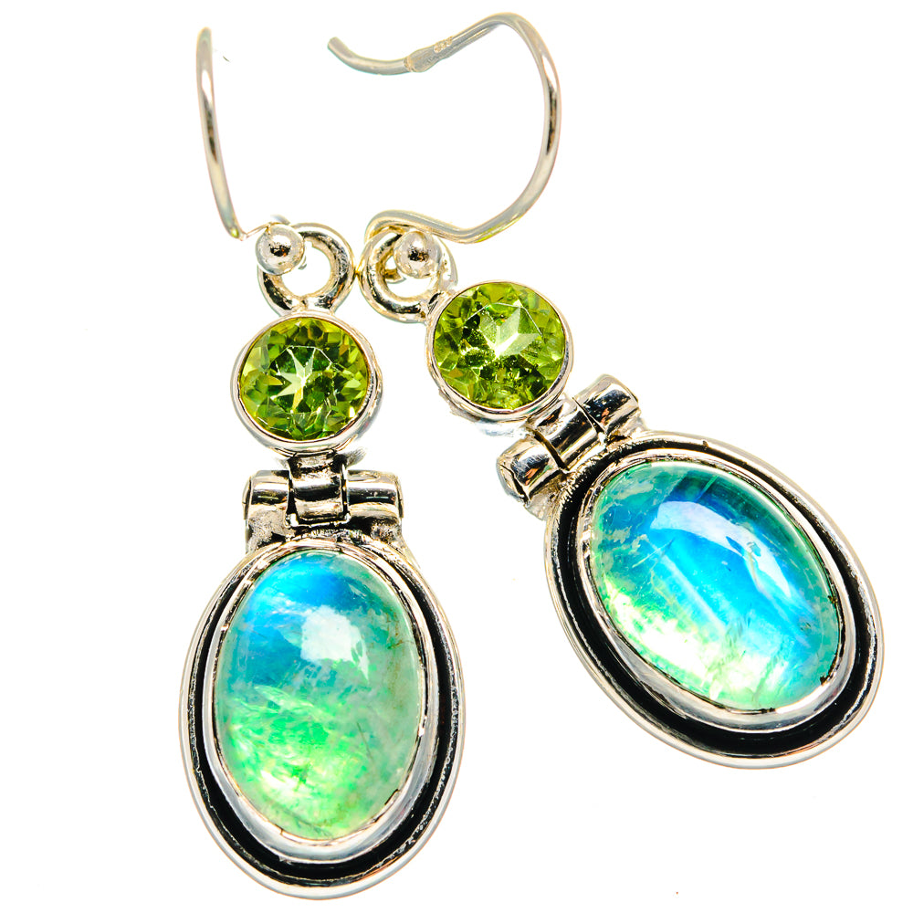 Green moonstone and peridot drop earrings, oval blue-green stones in silver settings.
