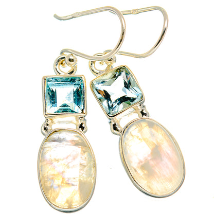 Sterling silver earrings with blue square topaz and oval iridescent moonstone drops