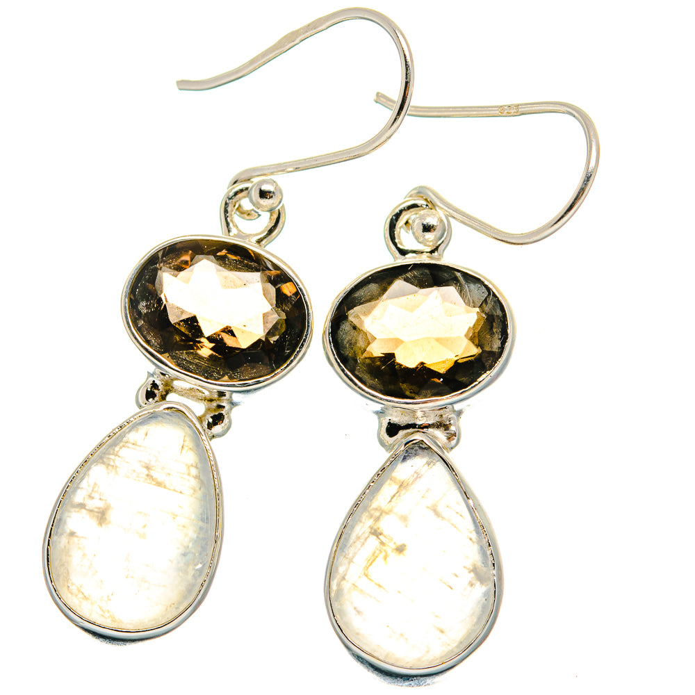 Sterling silver drop earrings with dark round stones and pear moonstones