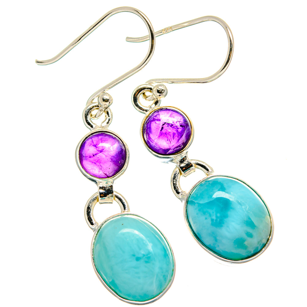 Sterling silver drop earrings with round amethyst and oval larimar stones