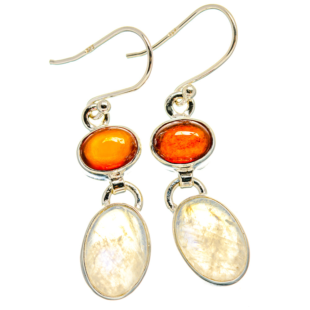 Sterling silver drop earrings with orange round garnet and white opal moonstone ovals