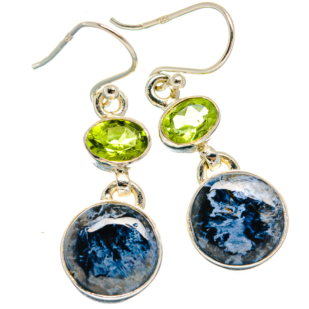 Sterling silver dangle earrings: green peridot ovals above blue pietersite discs