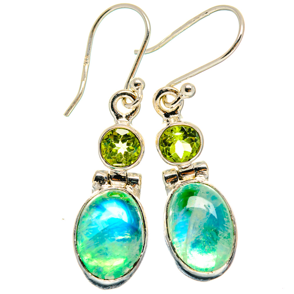 Sterling silver drop earrings with green peridot top and oval moonstone below