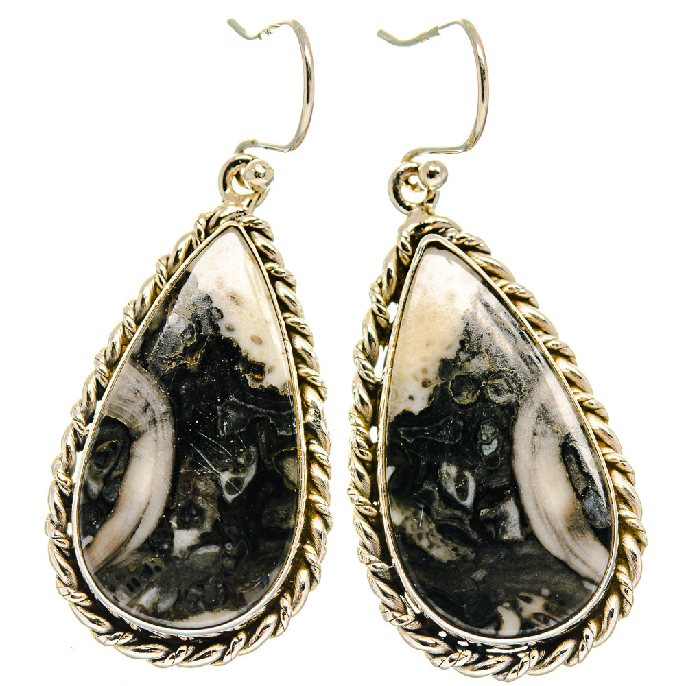 925 sterling silver Pinolith Jasper teardrop earrings, rope-edge border, black-white cabochon