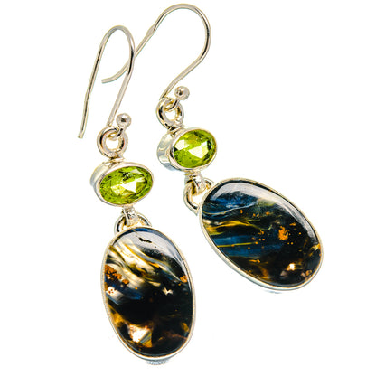 Sterling silver drop earrings: green peridot with oval pietersite stones