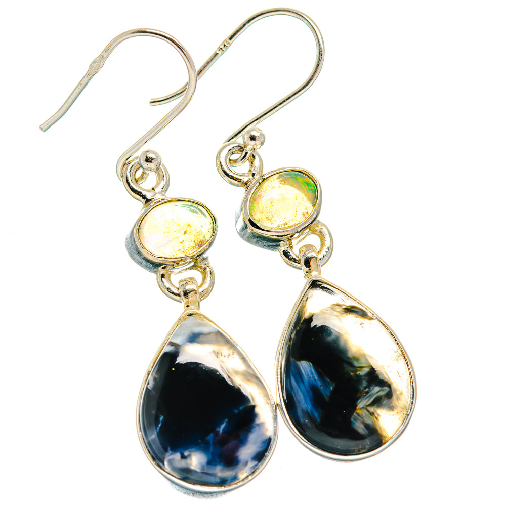Sterling silver dangle earrings with oval opal accents and dark teardrop stones