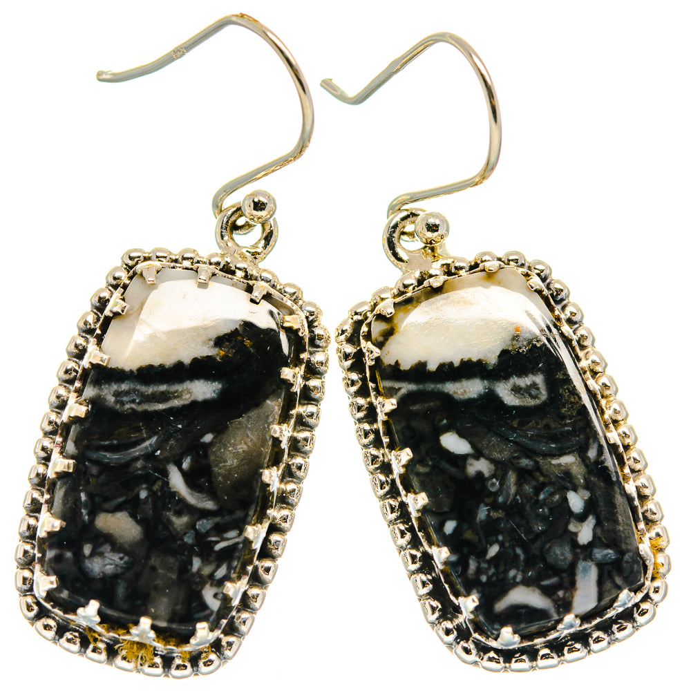 Sterling silver jasper drop earrings, oval teardrop with black and cream stone