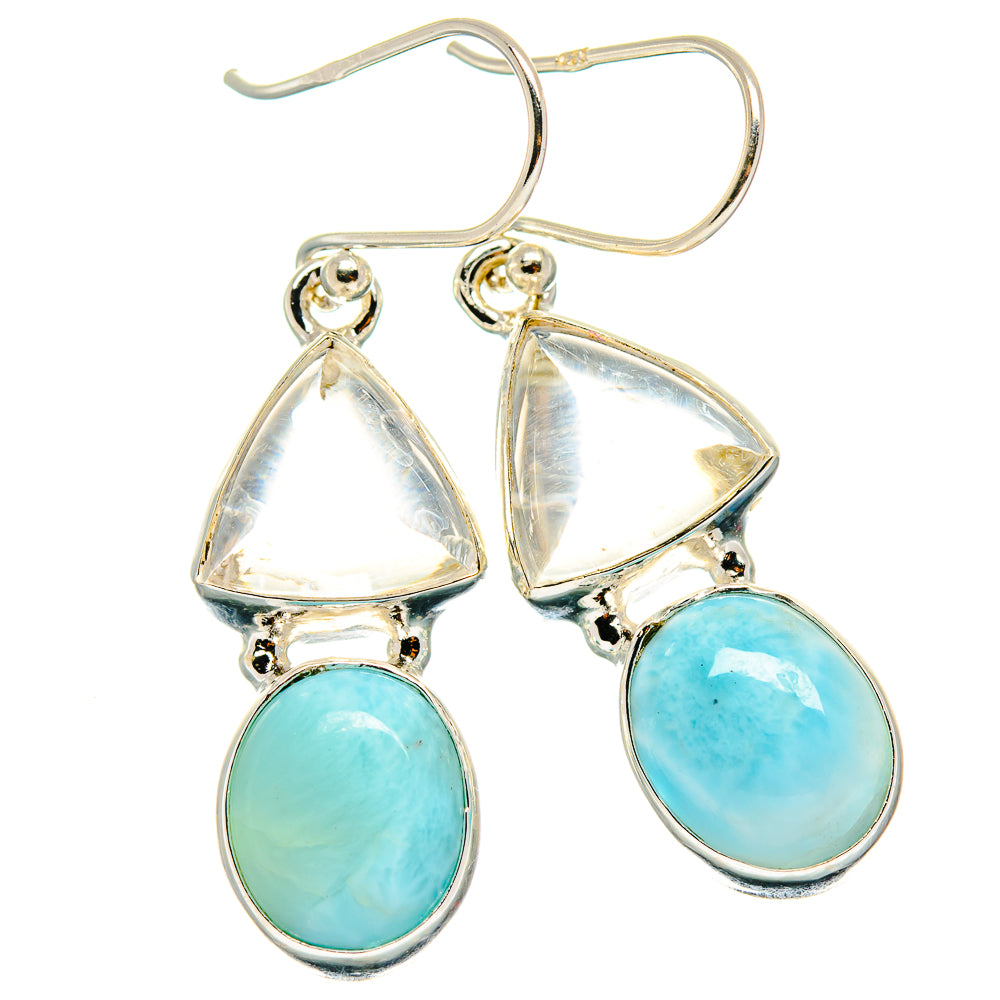 925 sterling silver triangle-and-oval drop earrings with white quartz and blue larimar