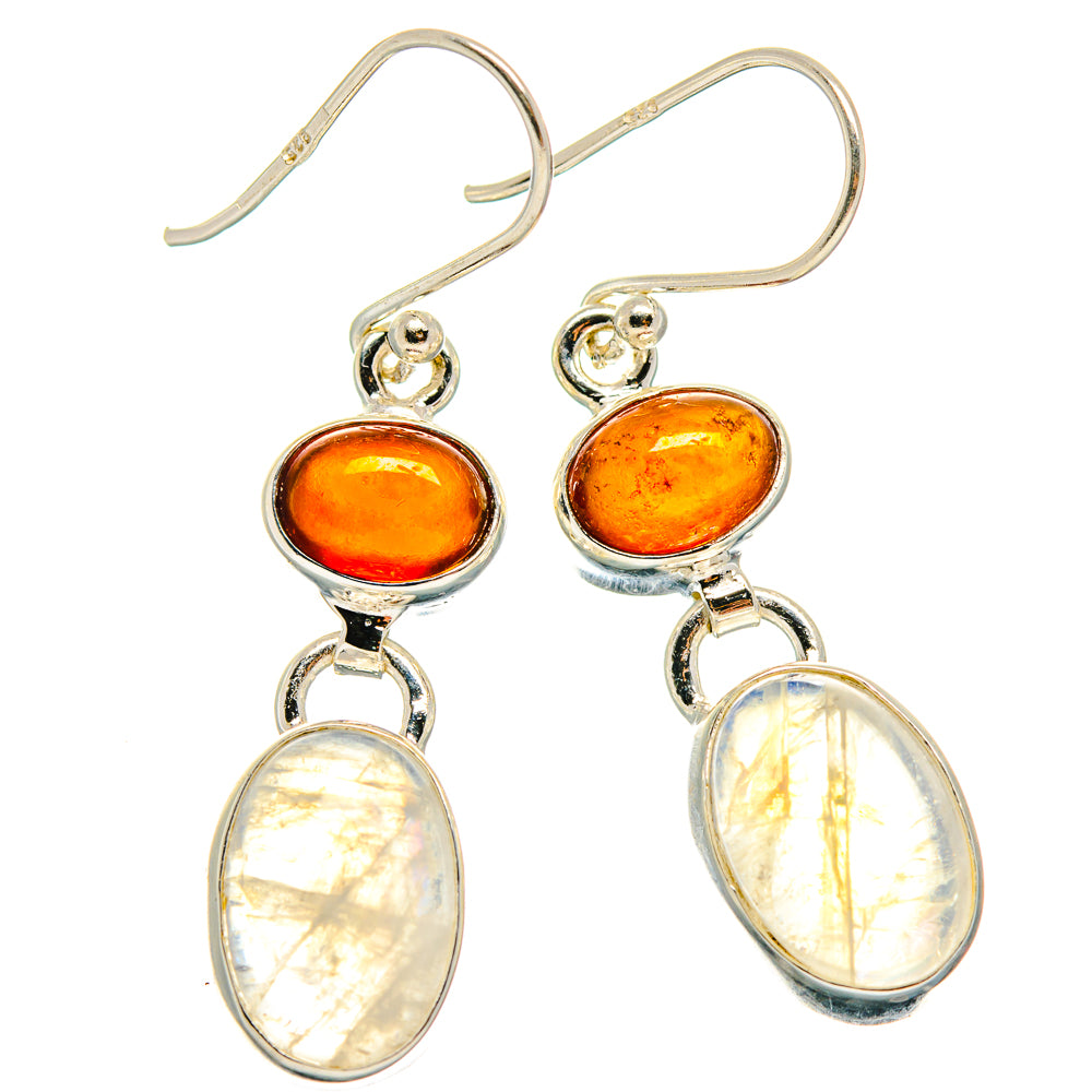 Sterling silver drop earrings with amber cabochon tops and oval opalescent moonstone drops
