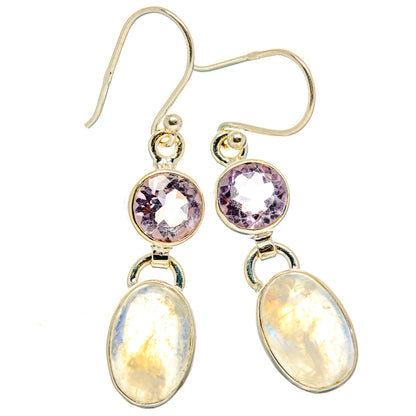 Gold-tone drop earrings with purple round gemstone and oval opalescent moonstone
