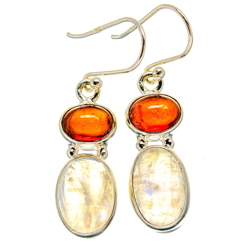 925 sterling silver drop earrings with garnet and rainbow moonstone cabochons