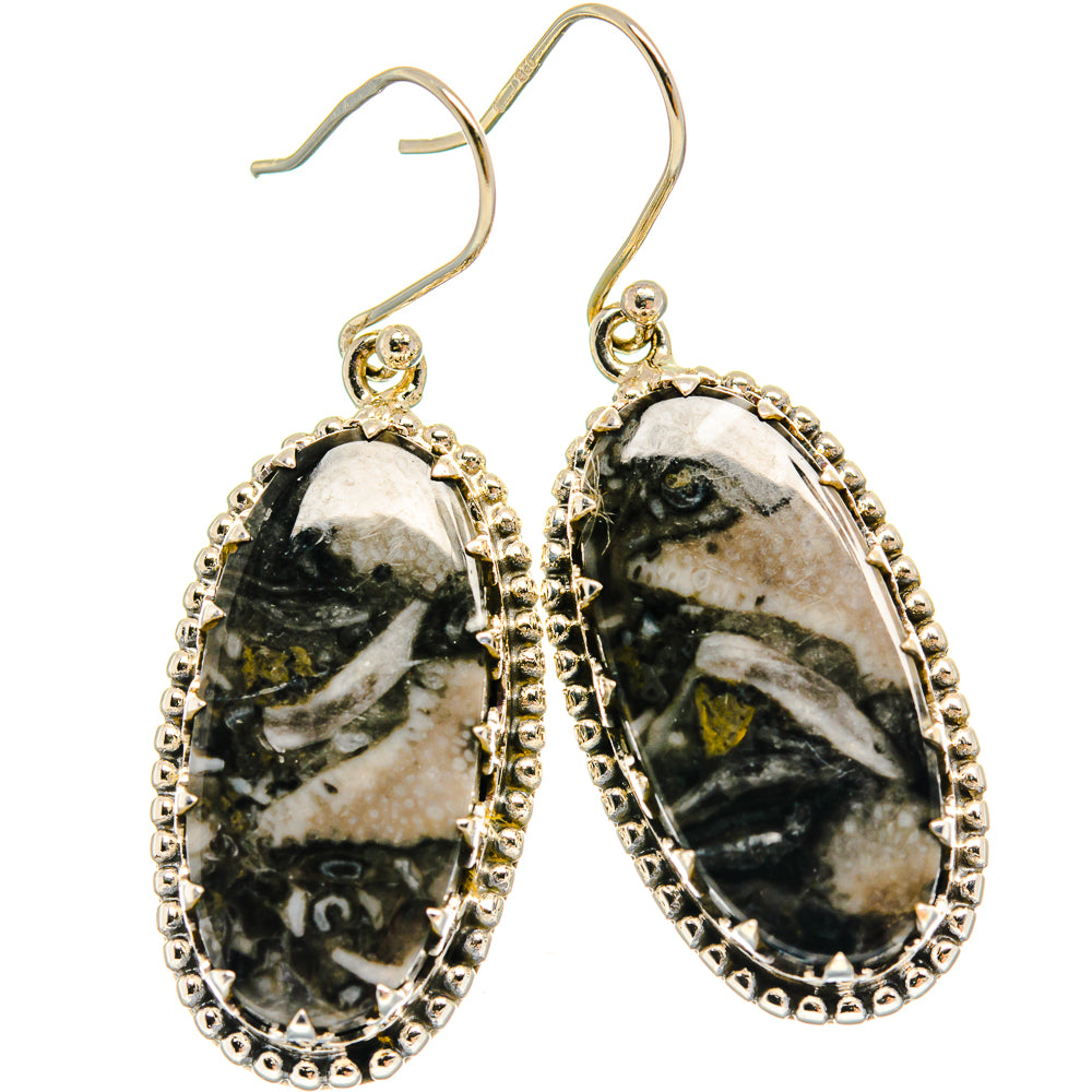 925 sterling silver oval drop earrings with black-and-white pinolith jasper and detailed bezel