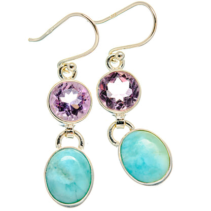 Sterling silver dangle earrings with purple amethyst and oval aqua larimar stones