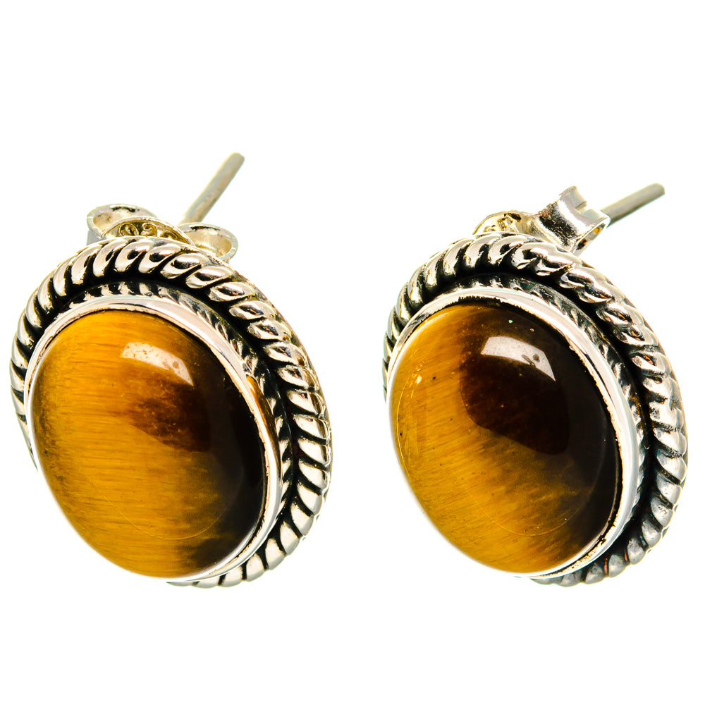 925 sterling silver tiger eye oval stud earrings with rope-edge bezel and post backs